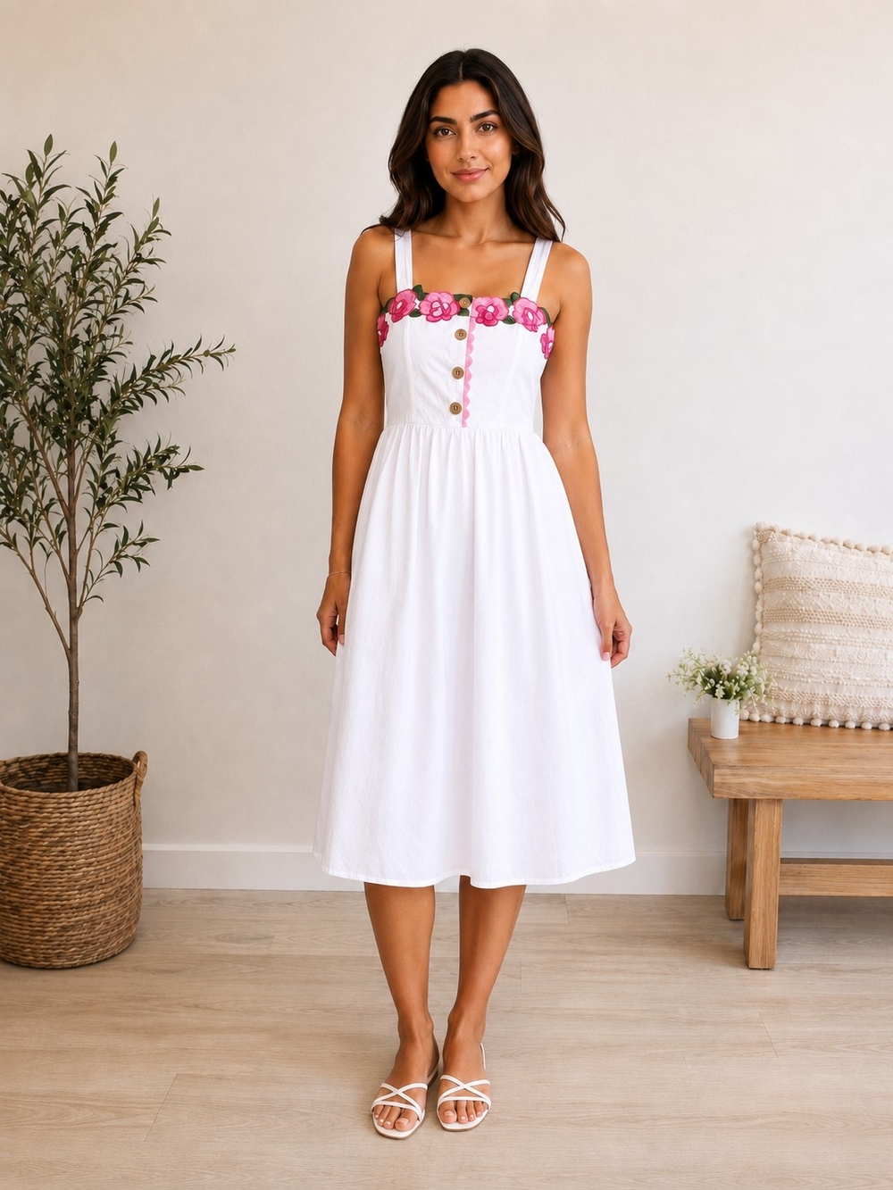 ODDI White Pink Floral Embroidered Button-Front Midi Dress Small NWOT